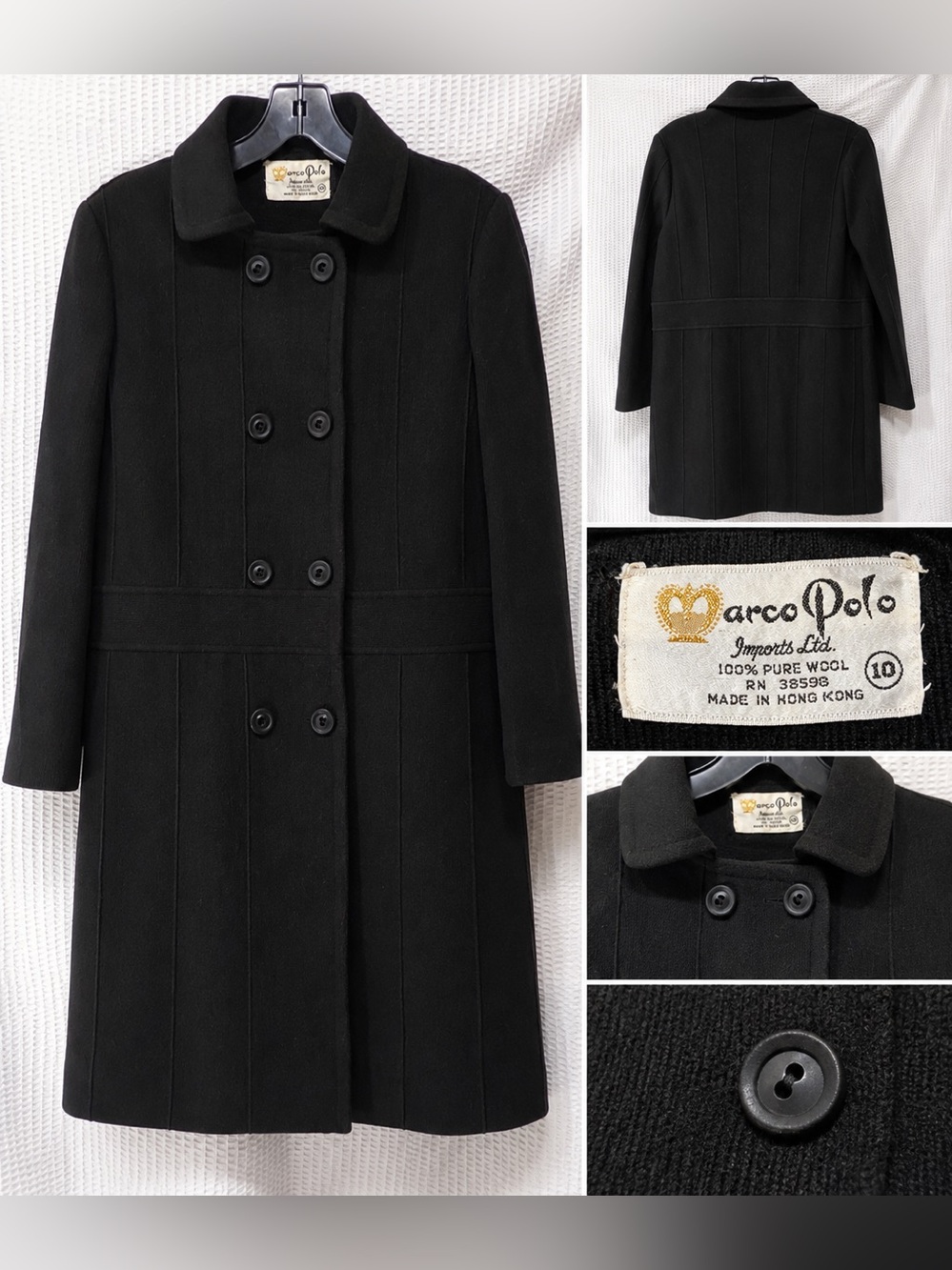Marco Polo Black Wool Double-Breasted Pea Coat
